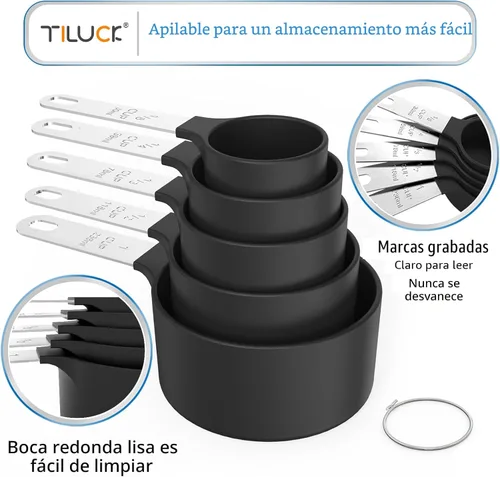 Vista 4 de TILUCK Juego de tazas y cucharas medidoras, tazas y cucharas apilables, tazas medidoras anidables con mango de acero inoxidable, accesorios de Negro