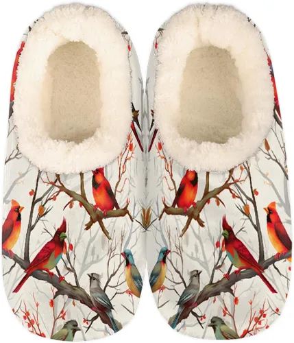 Vista 7 de Pantuflas mullidas antideslizantes para mujer con forro esponjoso, acogedoras pantuflas de dormitorio para mujer Abstract Red Snowflake Pine Trees