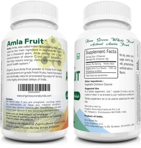 Vista 2 de Cápsulas AMLA. 1000 mg por porción, 120 cápsulas vegetales. Superalimento entero verde crudo. Todo natural, fresco y original. Sin OMG y sin gluten.