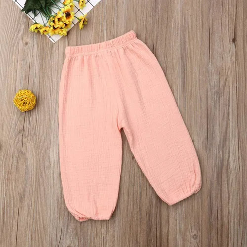 Vista 23 de Paquete de 3 pantalones de algodón y lino para bebés, niños y niñas, color liso, ropa básica para bebés
