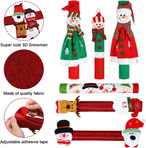 Vista 4 de Boao Funda navideña para manija de puerta de refrigerador, muñeco de nieve de Papá Noel, cubierta para manija de electrodomésticos, decoraciones