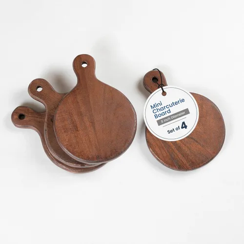 Vista 6 de The Fine Living Co. Juego de 4 platos pequeños para servir aperitivos, mini tablas redondas de embutidos, bandeja de madera pequeña de acacia, tabla