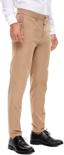 Vista 3 de Plaid&Plain Pantalones de vestir para hombre, ajustados, elásticos, color caqui, sin arrugas