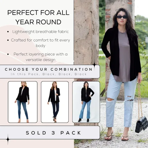 Vista 4 de Azules 3-Pack Women's Long Sleeve Open Front Cardigan - Lightweight Rayon Sweater, Soft Flowy Layer for Casual