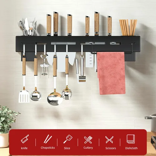 Vista 8 de Estante para utensilios de cocina, soporte para cubiertos de cocina, organizador de pared para cucharas, cuchillos, tenedores, palillos (negro)