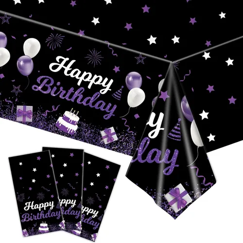 Vista 7 de MRJ Black Party Supplies - Paquete de 3 manteles de feliz cumpleaños con estrellas rosas y negras, decoraciones perfectas para fiestas de cumpleaños
