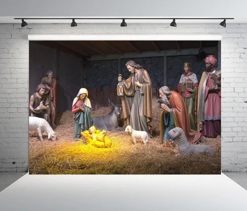 Vista 2 de BELECO Tela de Poliéster 5x3 pies Telón de Fondo de Fotografía de Escena de Natividad Navideña Escena del Pesebre Navideño Fondo Fotográfico