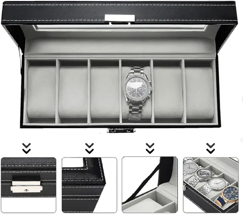 Vista 3 de NovelBee Cajas de reloj con 6 ranuras, vitrina rectangular para relojes con tapa de vidrio y almohadas extraíbles para hombres y mujeres