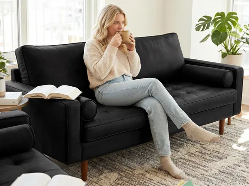 Vista 53 de Container Furniture - Sofá de piel sintética para la sala de estar moderna con cojines extraíbles y patas de madera maciza, sofá estilo lujoso