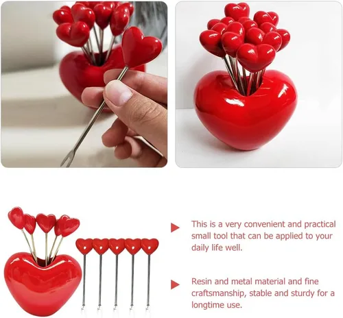 Vista 9 de 1 juego de tenedores de cóctel en forma de corazón tenedores de frutas palo decorativo palillo de alimentos con soporte para fiesta en el hogar