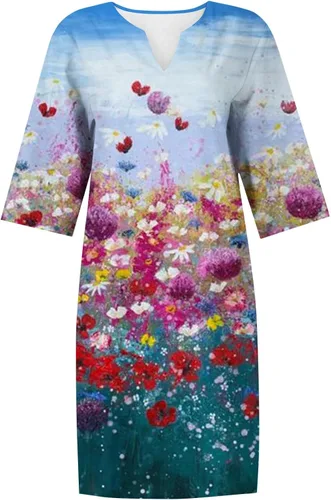 Vista 5 de Vestido casual de lino de verano para mujer, manga 34, longitud hasta la rodilla, vestido camisero con estampado gráfico floral