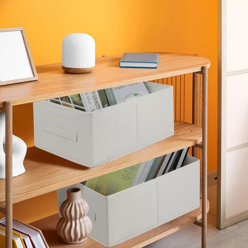 Vista 2 de Contenedores de almacenamiento de tela, paquete de 3 cestas de almacenamiento plegables para estantes, organizadores decorativos de lino