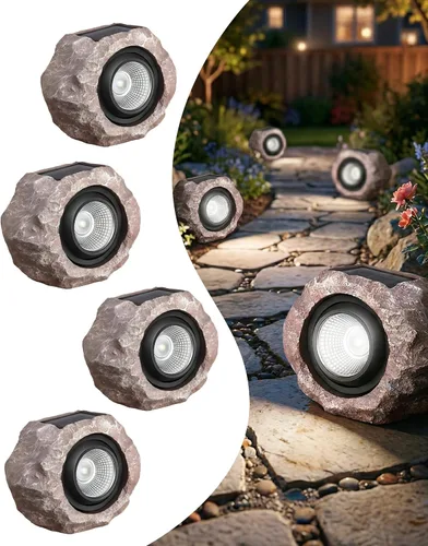Vista 9 de Luces solares de roca para exteriores, foco de paisaje de roca sintética gris para patio Solar Landscape Lighting, Realistic Gray Rock Design