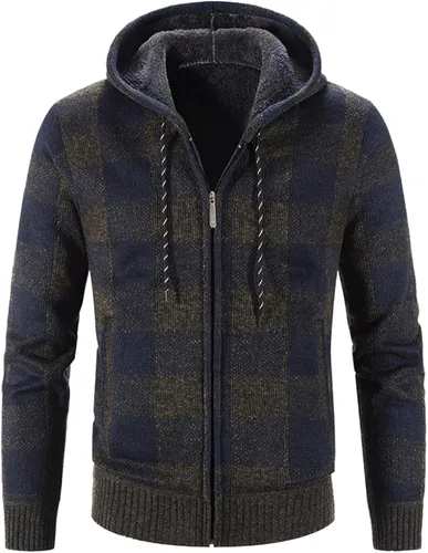Vista 2 de Cárdigan para hombre, cárdigan para hombre, casual, delgado, a cuadros, con cierre completo, grueso, con capucha, para invierno, para exteriores