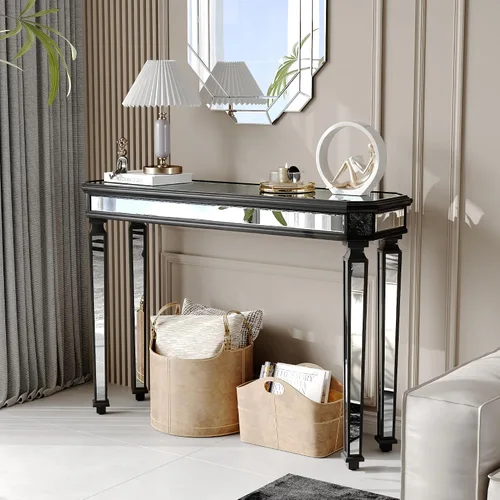 Vista 8 de Mesa Consola Negra con Espejo, Mesa de Sofá de Cristal Rectangular de 48 pulgadas con Elementos Tallados Vintage con Espejo, Muebles de Espejo