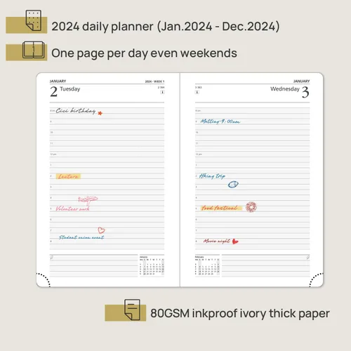Vista 2 de POPRUN Agenda diaria 2024 de una página por día, calendario diario 2024, libro de citas por hora con bolsillo, páginas de notas y contactos, tapa