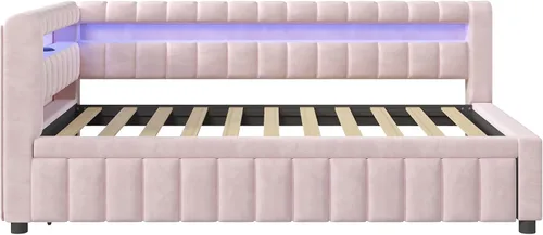 Vista 7 de Polibi Sofá cama tapizado individual XL a King con nido extraíble, luces LED y puertos USB, marco de cama con plataforma de listones de madera
