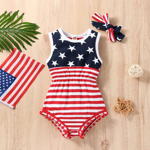 Vista 2 de LUZOZEZO Mameluco de borla con bandera americana para bebé niña pequeña con diadema