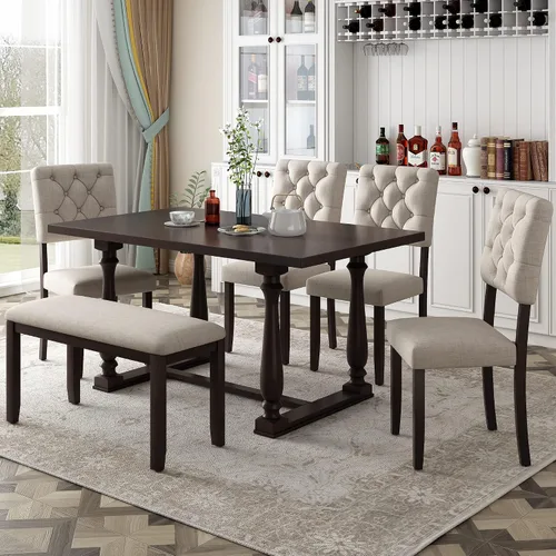 Vista 18 de Juego de mesa de comedor de madera de 6 piezas, juego de mesa de cocina con rectangular, juego de mesa de comedor con banco tapizado y 4 sillas