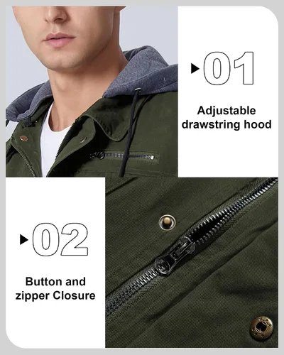 Vista 5 de Chaqueta ligera de algodón para hombre, estilo militar, con capucha, de canvas, para campo, ropa de trabajo, casual, cargo de primavera