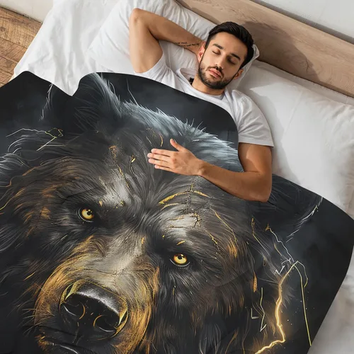 Vista 5 de Huke Manta de regalo de oso, manta de oso rayo de fuego negro y dorado, regalos de oso para adultos/niños/estudiantes, manta con estampado