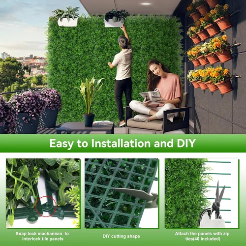 Vista 4 de 6 paneles de pared de césped de 20 x 20 pulgadas, fondo de hierba de helecho artificial con protección UV, paneles de boj de plantas de vegetación