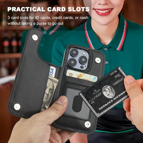 Vista 3 de ONETOP - Funda tipo cartera para iPhone 15 Pro con soporte para tarjetas, anillo de rotación de 360°, bloqueo RFID, piel sintética, doble cierre