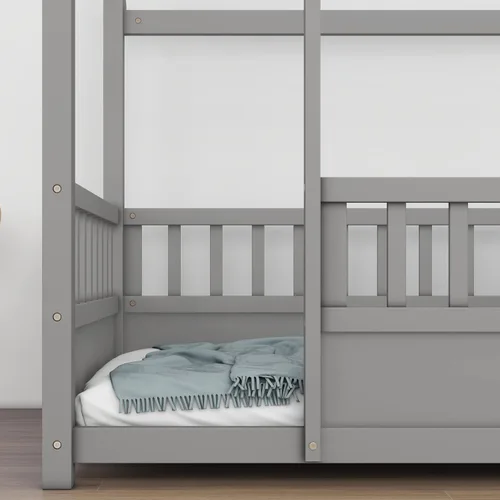Vista 7 de Harper & Bright Designs Marco de cama de piso de casa de tamaño individual con valla, cama Montessori de madera con marco de techo de casa Gris