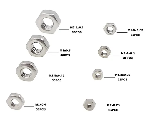 Vista 2 de Kit surtido de 300 tuercas hexagonales métricas M1 M1.2 M1.4 M1.6 M2 M2.5 M3 M3.5 304 para tornillos y pernos