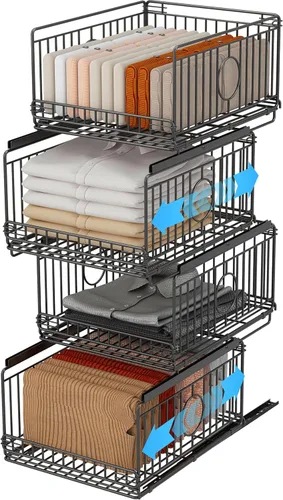 Vista 7 de 3 Pack Sliding Stackable Closet Organizer Storage Basket,Black