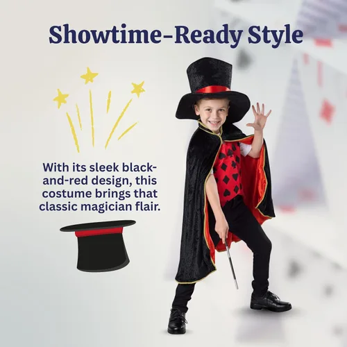 Vista 4 de Dress Up America Disfraz de mago para niños, capa de mago, sombrero y varita, disfraz mágico para niños y niñas