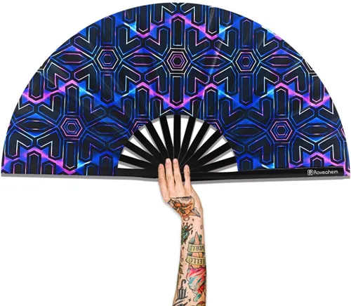 Vista 13 de Abanico Plegable Grande, Abanico Rave Clack de 13 Pulgadas, Abanico de Mano para Mujeres y Hombres con Tela de Satén Premium, Marco de Bambú Grueso
