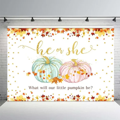Vista 2 de MEHOFOND Fondo de calabaza para revelación de género de calabaza de 7 x 5 pies, suministros de decoración de fiesta de baby shower, hojas de arce