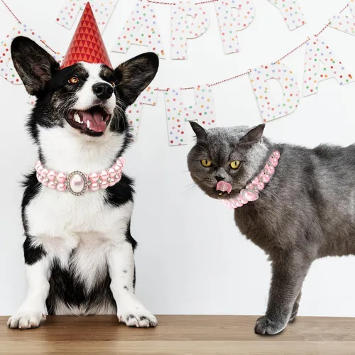 Vista 4 de Collares de perlas grandes para perros pequeños y gatos con decoración de diamantes de imitación de cristal, collar ajustable de piel sintética