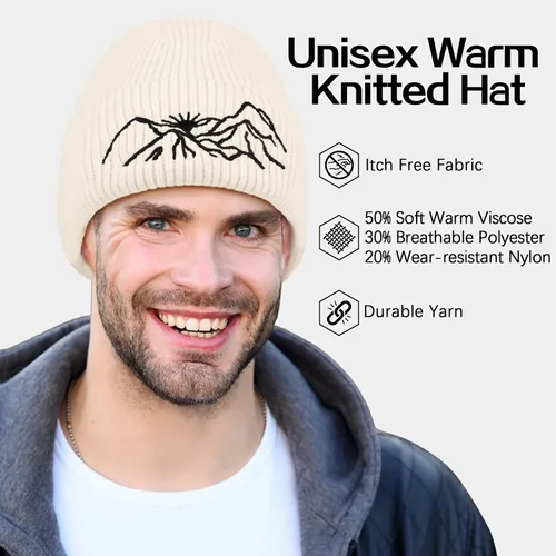 Vista 4 de MUQU Gorros para hombre diseño de gorro con bordado de montaña gorro de punto cálido de invierno gorros con puños
