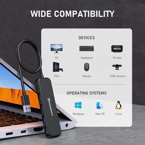 Vista 4 de Minisopuru Hub USB de 4 puertos, concentrador USB para portátil con cable extendido de 1.8 pies (no se admite carga), divisor USB para unidad flash