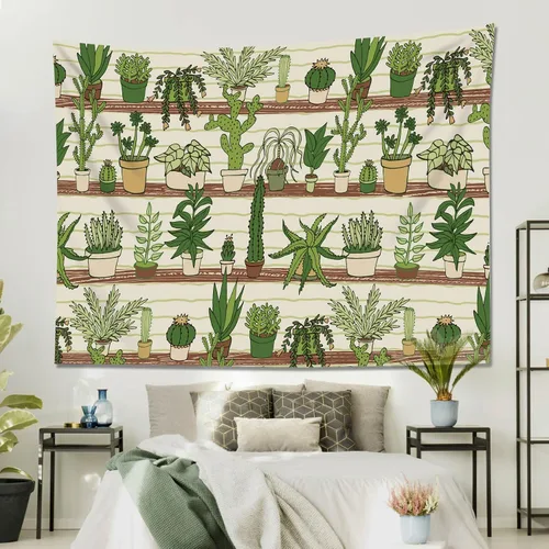 Vista 20 de HVEST Tapiz de cactus con diseño de plantas suculentas del desierto tropical en estante de madera, tapiz para colgar en la pared, acuarela botánica