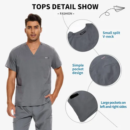 Vista 3 de VIAOLI Conjunto de ropa quirúrgica para hombre con cuello en V y pantalón deportivo de 8 bolsillos para enfermería, conjuntos de uniformes médicos