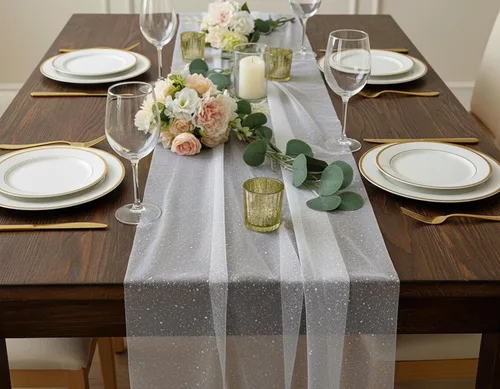 Vista 6 de PapaKit Camino de mesa de tul rosa rubor brillante, 27 pulgadas x 10 pies (3.3 yardas) para vacaciones, decoración de bodas, fiestas y decoración