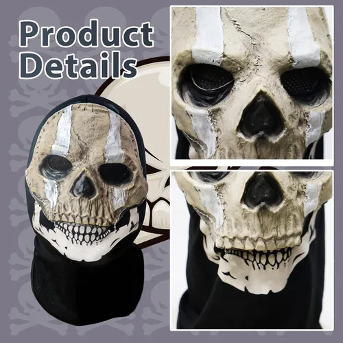 Vista 3 de Ponjauk Máscara completa de calavera fantasma para Halloween, fiesta de cosplay, juego de guerra, máscara de calavera fantasma aterradora