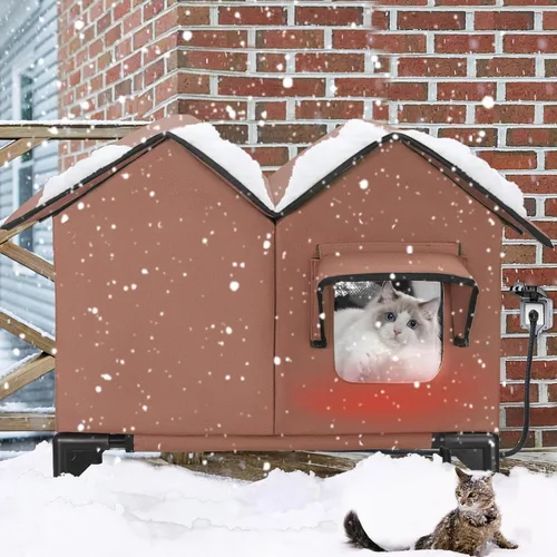 Vista 8 de Casa grande para gatos con calefacción para exteriores en invierno, casa elevada impermeable para gatos al aire libre con almohadilla térmica, casa