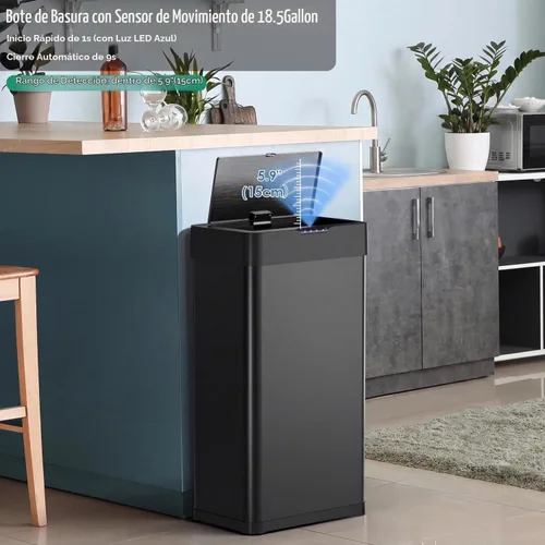 Vista 3 de Arlopu Cubo de basura automático, cubo de basura de acero inoxidable con sensor de movimiento, cubo de basura inteligente sin contacto, con tapa
