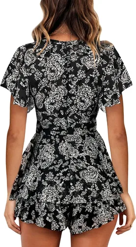 Vista 2 de DOFEEYA Mameluco corto floral para mujer, cuello en V, manga acampanada, vestido de verano, overol casual con lazo en la cintura y dobladillo