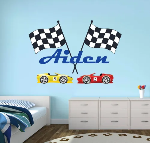 Vista 2 de Calcomanía de pared personalizada con nombre de carreras para dormitorio de niños, banderas y autos personalizados F1 Race Playroom, calcomanías