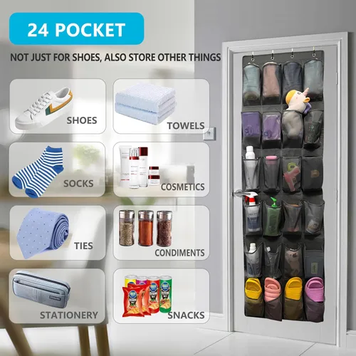 Vista 6 de Organizador de Zapatos para Puerta con 24 Bolsillos Grandes de Malla Transpirable, Soporte de Almacenamiento de Zapatos para Closet, Colgante