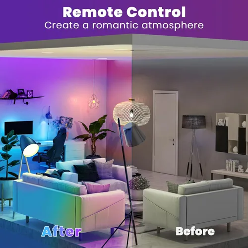 Vista 4 de Bombilla de luz que cambia de color con control remoto, 9 W, A19, E27, blanco cálido, 2700 K, 500 lúmenes, bombilla LED regulable, función