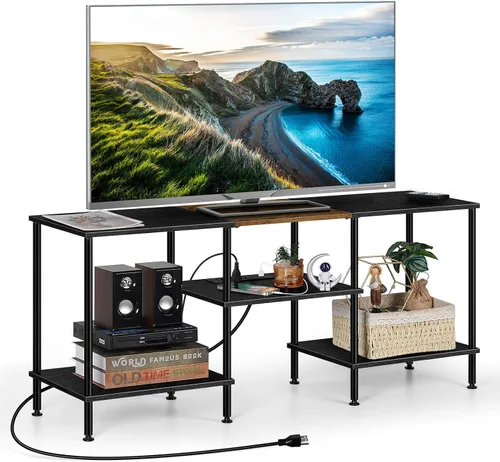 Vista 6 de OYEAL Soporte de TV Negro para Dormitorio con Tomas de Corriente para TV de hasta 50 Pulgadas, Pequeño Centro de Entretenimiento con Almacenamiento