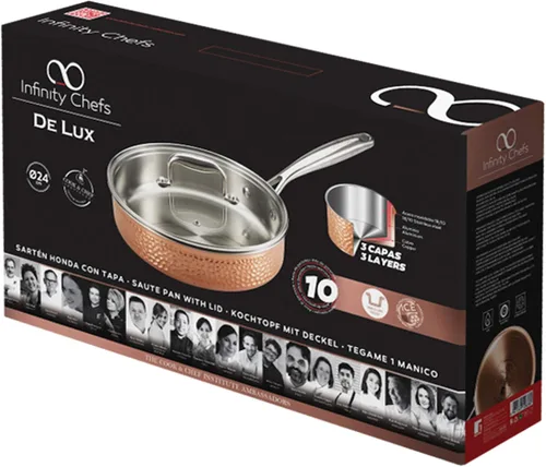 Vista 6 de Bergner BGIC-3661 Infinity Chefs De Lux - Sartén de cobre de tres capas con tapa de vidrio, acero inoxidable, acabado de martillo de cobre (9.4 in)