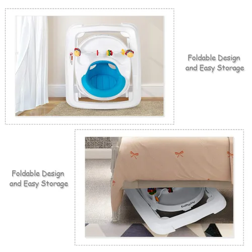 Vista 5 de BABY JOY Andador de bebé plegable, andador de actividades con altura ajustable, bandeja grande y juguetes removibles, andador de bebé con ruedas Azul