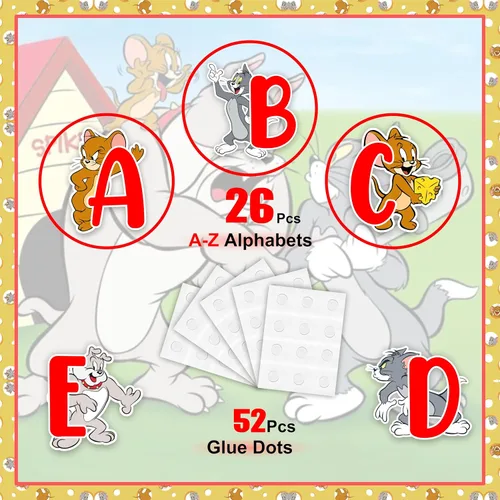 Vista 4 de Tom & Jery - Adhesivo decorativo para pared del alfabeto (A–Z), divertido alfabeto de dibujos animados para espacios de aprendizaje, calcomanías